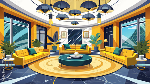 Dazzling panoramic 360 view of a sophisticated living room, furnished with mustard yellow contemporary couches, designer lighting fixtures, black marble flooring, and minimalist decor, celebrating vib