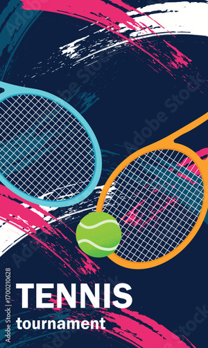 Tennis rackets, ball, abstract background, tennis competition poster, professional tournament, training. Banner sport accessories, flat style, racket sports, team game, hobby, activity, healthy 