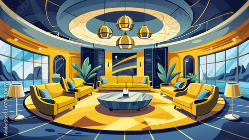 Dazzling panoramic 360 view of a sophisticated living room, furnished with mustard yellow contemporary couches, designer lighting fixtures, black marble flooring, and minimalist decor, celebrating vib