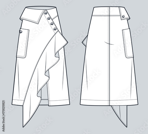 Asymmetrical Skirt with ruffle fashion flat sketch. Wrap Skirt fashion flat technical drawing template, midi length, A line, buttons, patch pocket, front and back view, white, women CAD mockup.