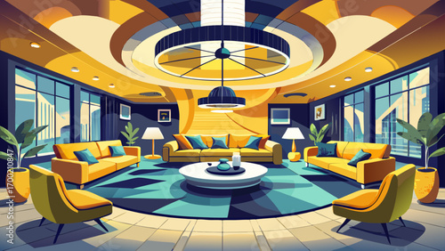 Dazzling panoramic 360 view of a sophisticated living room, furnished with mustard yellow contemporary couches, designer lighting fixtures, black marble flooring, and minimalist decor, celebrating vib