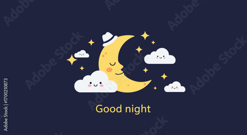 Charming crescent moon with clouds and stars wishing a peaceful night