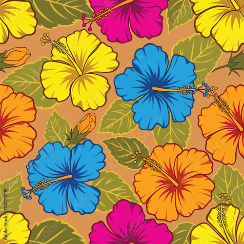 Vivid floral pattern showcasing hibiscus flowers in bright colors on a background, patern seamless, Stock royalty.