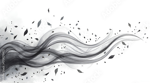 Elegant black flowing smoke or dust wave with scattered particles and leaves on white background
