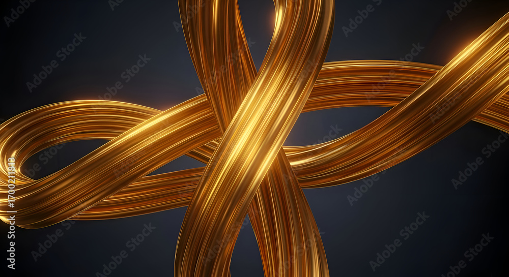 © K Media - A sophisticated 3D rendering of intertwined golden cables, showcasing luxurious metallic textures and flowing abstract lines against a dark, elegant backdrop, symbolizing connection and energy