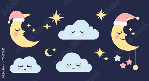 Adorable sleepy moons and clouds under a starry night sky illustration