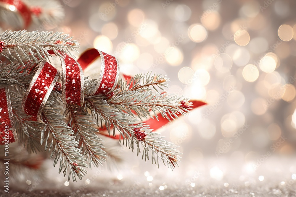 Obraz premium Christmas decorations showcase festive greenery and ribbons in a sparkling background highlighting the holiday spirit