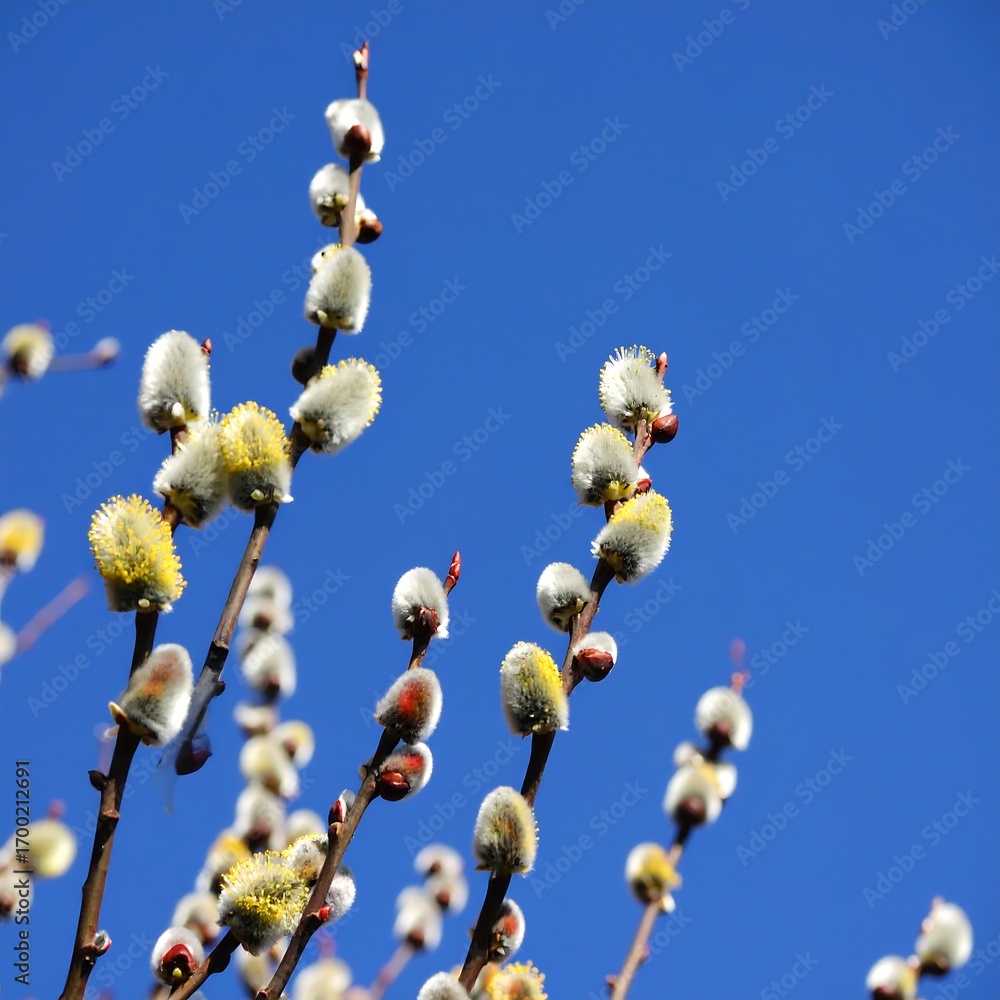 Fototapeta premium Spring catkins against a vibrant blue sky
