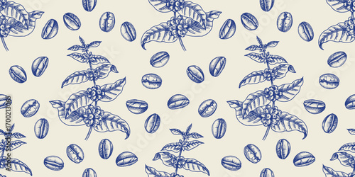 Hand drawn vintage coffee branch and beans seamless pattern. Packaging  and fabric textile design. Retro isolated sketch vector illustration.
