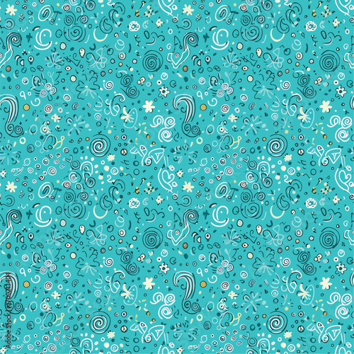Whimsical turquoise background featuring playful doodle elements and organic shapes, seamless pattern, Stock royalty image.