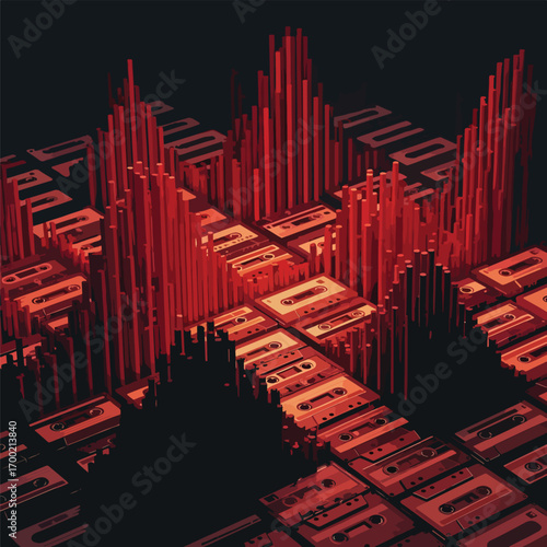 Abstract audio landscape illustration featuring cassette tapes and equalizer bars, patern seamless, Stock royalty free.