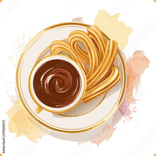 Vector illustration of churros with chocolate dip, isolated on white background. Vector illustration of traditional bakery on white background