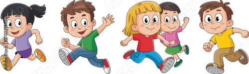 Happy cartoon kids running, joyful children playing outdoors, active boys and girls illustration, childhood fun, energetic movement, colorful vector, isolated white background, smiling faces