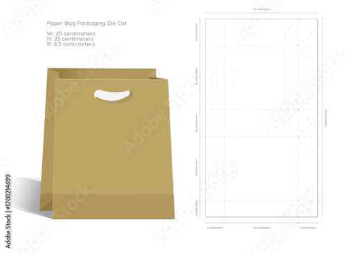 Paper bag packaging template elegant flat 3d mockup and die cut outline