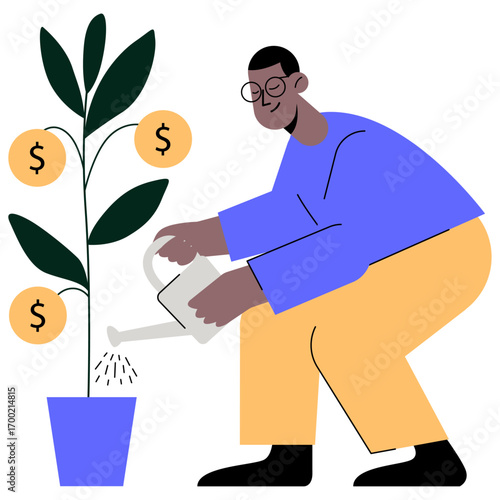 Character watering a plant with coins. Vector Illustration