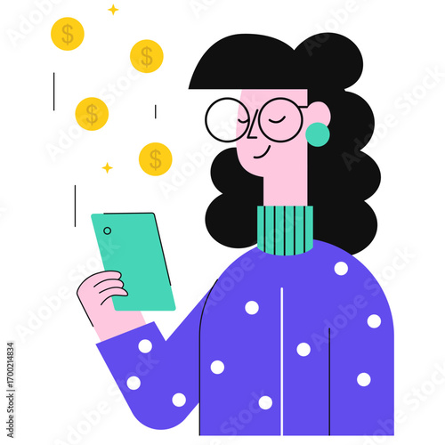 Happy character receiving coins back. Cashback concept vector illustration