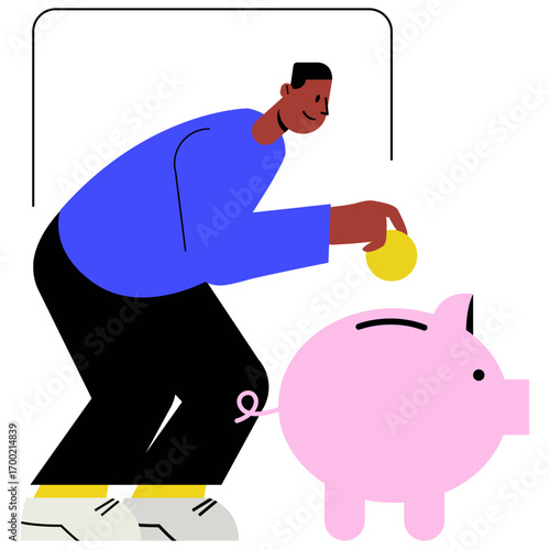 Character dropping a coin into a piggy bank. Vector Illustration