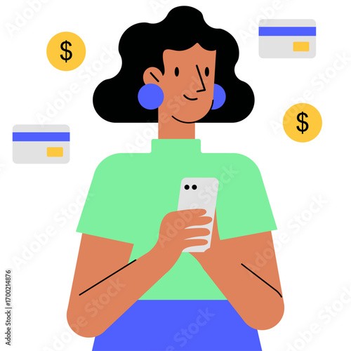 Happy woman receiving a digital payment. Vector illustration