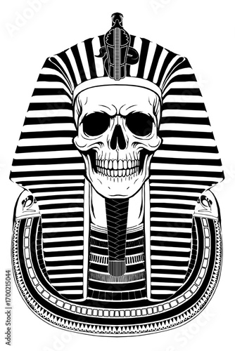 Egyptian Pharaoh Skull - Black and White Vector Illustration for Halloween