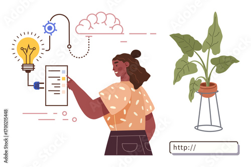 Woman interacting with conceptual elements thumbs up ideas, technology, and nature. Ideal for innovation, creativity, ecology, education, sustainable growth, environmental design simple flat