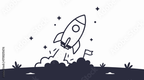 Rocket launching into space with smoke and stars in background - Concept of coloring page  