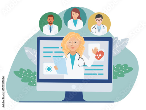 Virtual Doctor medical Consultations and appointment on the Internet. , WebChoosing a doctor online. Telemedicine, remote medical services. Portraits of different specialist doctors
