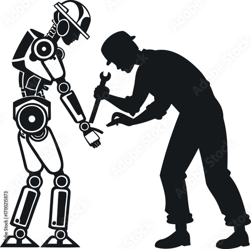 Vector illustration of a robot, a construction worker, and a woman with tools
