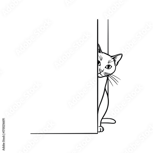 Playful Cat Peeking from Behind a Corner Cute Line Art Illustration