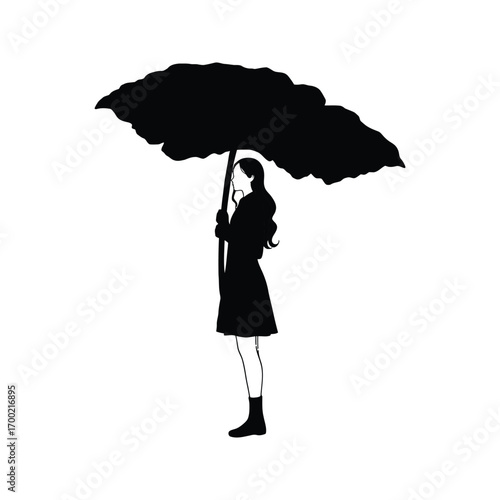 Silhouette of a girl with a large leaf umbrella black and white illustration minimalist art nature design