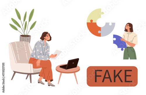 Woman sitting with document, laptop on table, second person holding mismatched puzzle pieces, large fake sign. Ideal for disinformation, critical thinking, misunderstanding, online scams