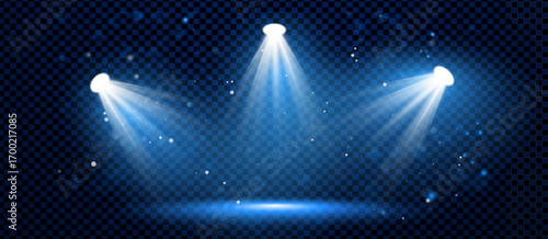Blue spotlight snow overlay with stage light and dark background. Spot effect beams and winner scene shine by night. Neon podium backdrop or abstract banner for club.