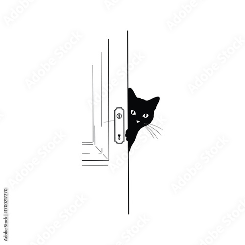 Silhouette of a Curious Black Cat Peeking from Behind a Door   Vector Illustration