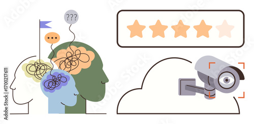 Tangled thoughts and dialogues inside heads paired with a surveillance camera and cloud-connected review ratings. Ideal for mental health, thoughts, analytics, judgment, tech review, monitoring