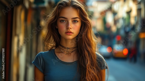 Wallpaper Mural Teenage girl portrait in city street; sunlit, blurred background Torontodigital.ca