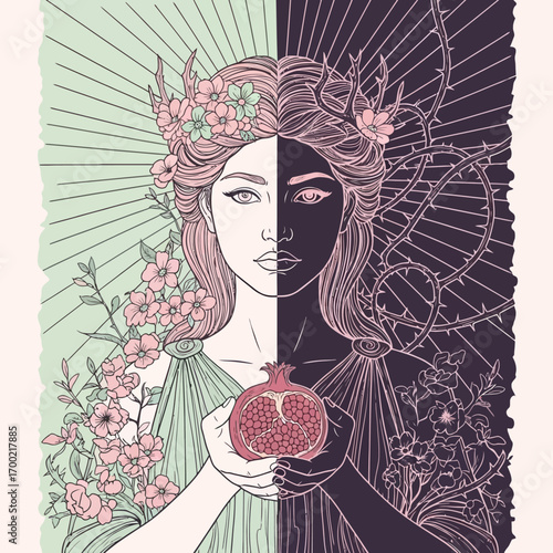 A woman split into light and dark, holding a pomegranate, surrounded by flowers and thorns, representing duality and contrasting aspects.
