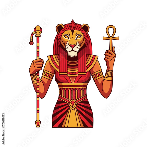 Egyptian goddess Sekhmet depicted with a lion's head, holding a scepter and an ankh symbol, adorned in traditional attire.