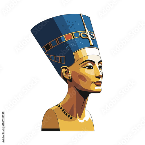 Stylized portrait of Nefertiti, the ancient Egyptian queen, with iconic headdress.