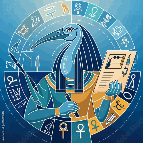 A stylized illustration of Thoth, the ancient Egyptian god of wisdom, holding a papyrus scroll.