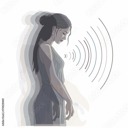 A grayscale illustration of a woman, appearing pensive and surrounded by radiating energy.