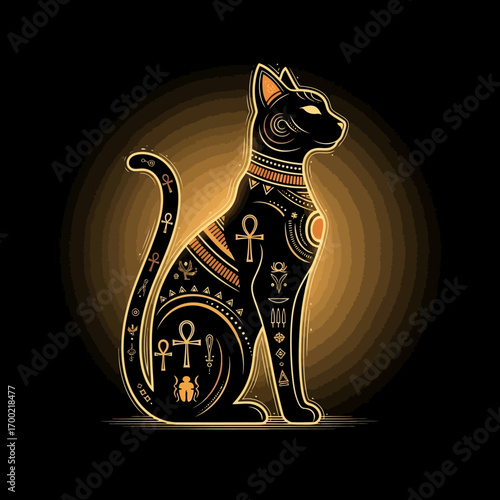 Elegant black cat, ancient Egyptian style, adorned with hieroglyphs and ankh symbols, glowing softly against a dark background.