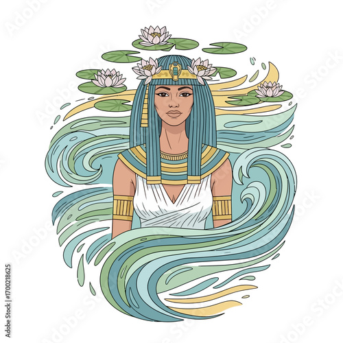 Egyptian goddess figure, serene and regal, surrounded by water lilies and flowing water.