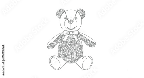 Continous line drawing of a teddy bear with a bow tie