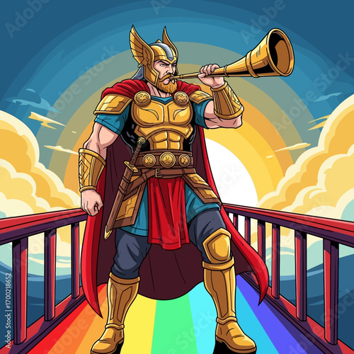 Mighty Norse warrior hero sounds a golden horn on a rainbow bridge.