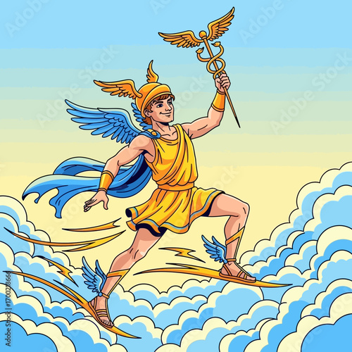 A vibrant cartoon illustration of the Roman god Mercury running across clouds, holding his staff.