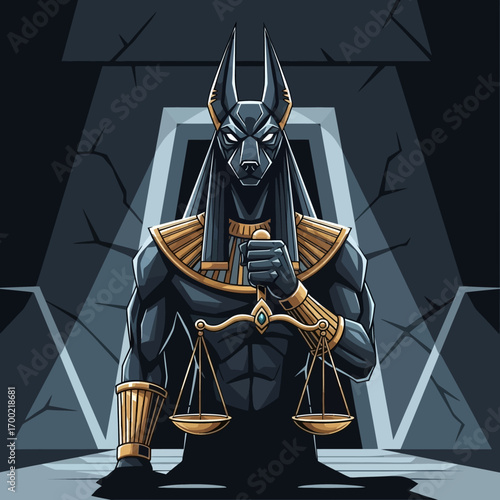 Illustration of Anubis, the Egyptian god of the afterlife, holding the Scales of Justice in a dark, tomb-like setting.