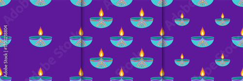 Indian festival Diwali set of seamless pattern featuring diyas in flat style. Deepavali vector illustration on black background for social media, banners, cards