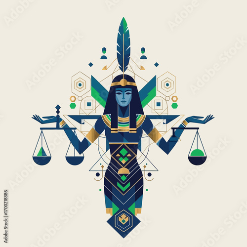 Modern geometric vector illustration of a divine goddess holding the scales of justice, symbolizing law, fairness, and balance