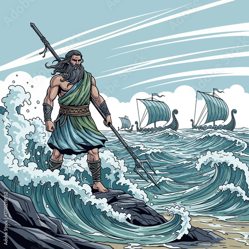 Powerful Poseidon, god of the sea, stands on rocks, trident held high, watching his ships sail.