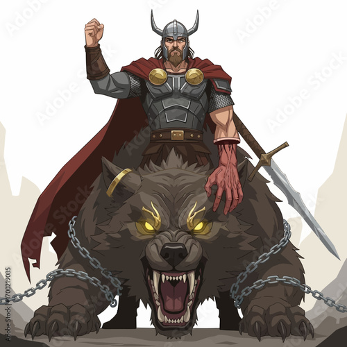 A powerful warrior, adorned in armor, rides a fierce bear, raising fist.