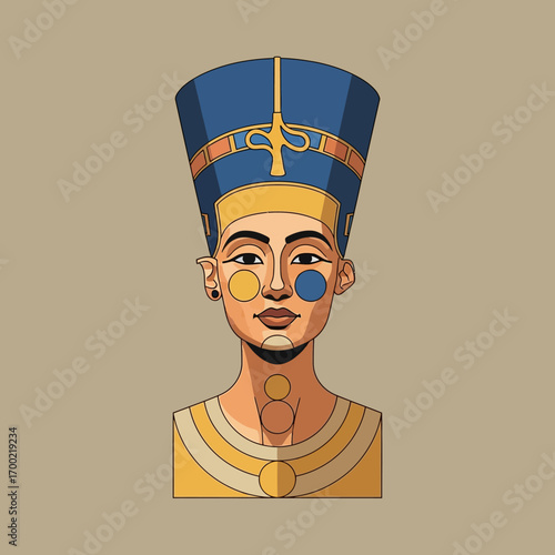 Stylized illustration of Nefertiti's bust, showcasing her iconic blue crown and makeup.